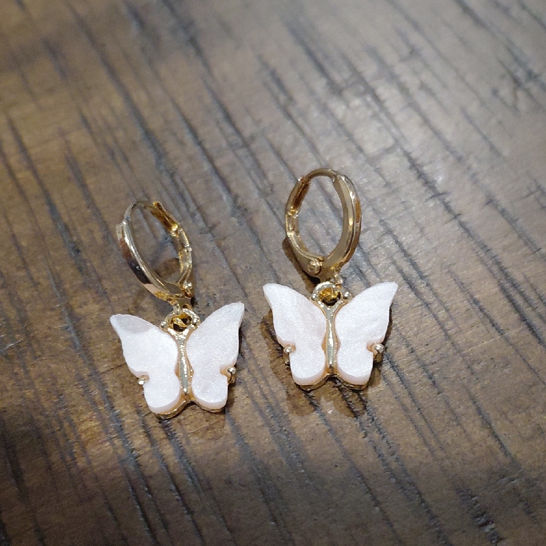 Gold Tone Butterfly Drop Earrings With Light Pink Enamel